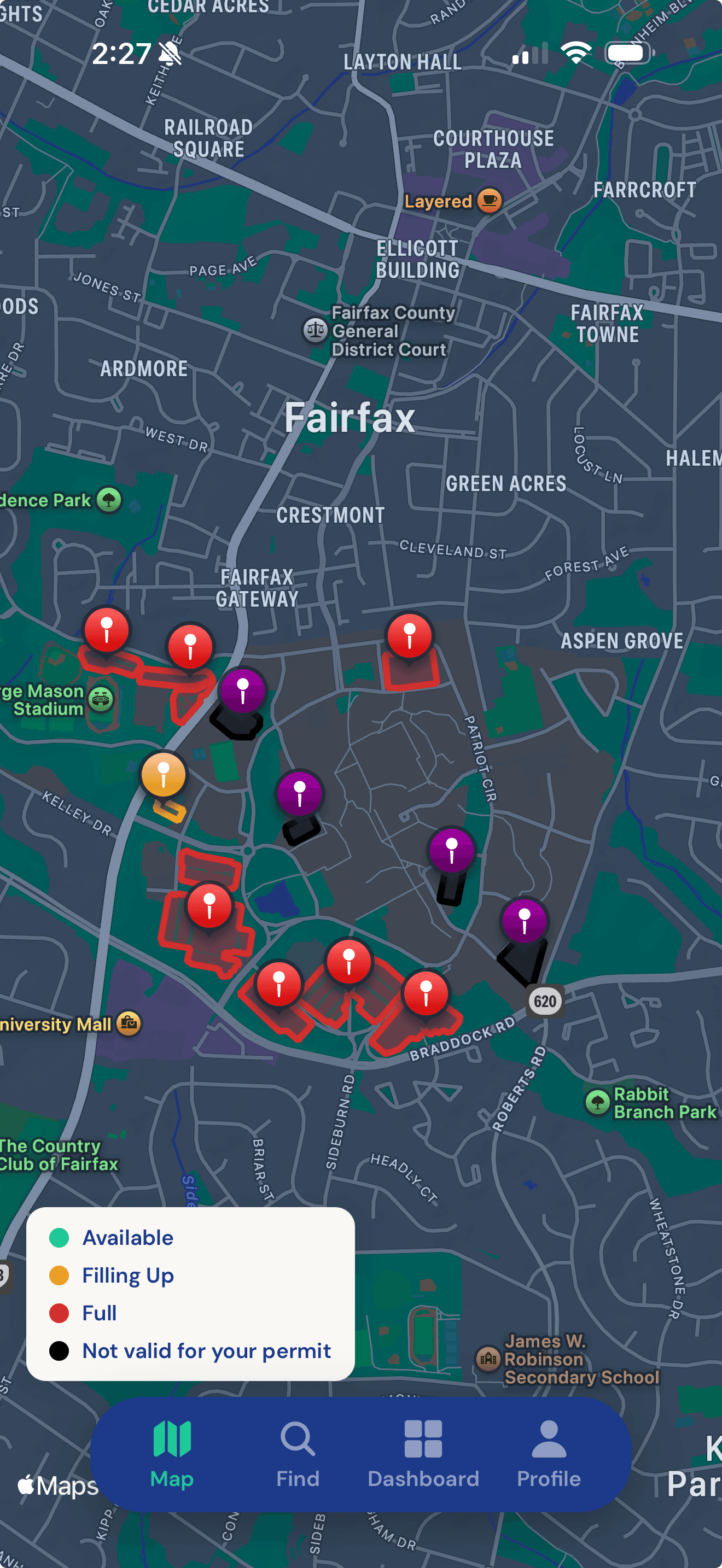 Parkeye app map showing real-time parking availability